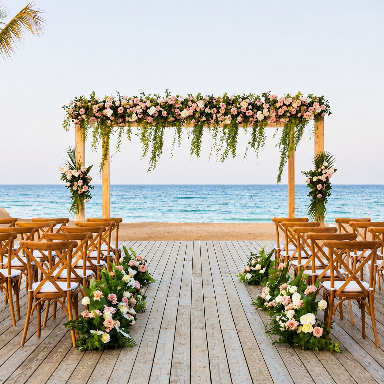 Beach wedding ceremony arch with pink and white flowers, wooden chairs, and ocean view