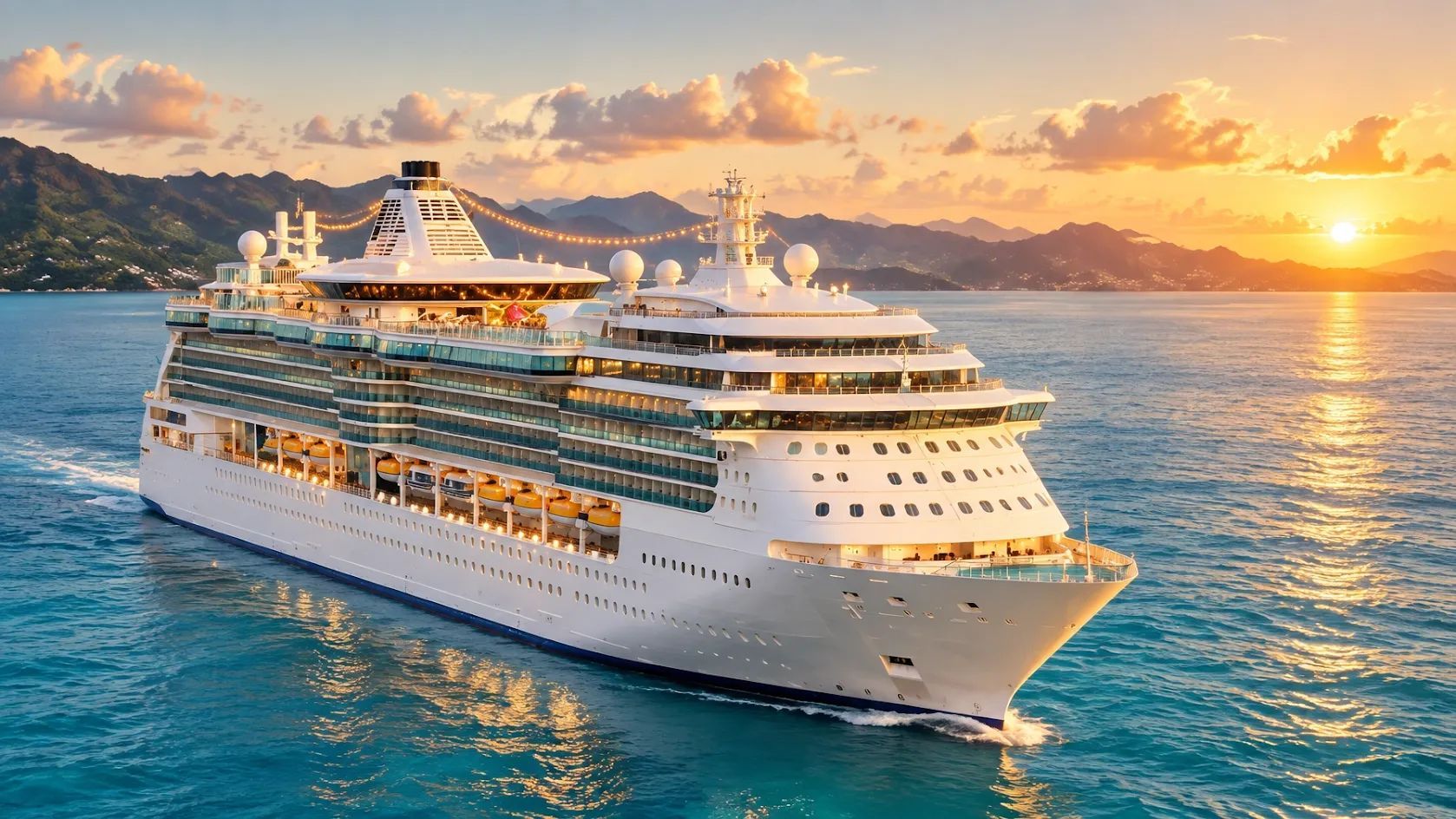 Large white cruise ship sailing on a calm blue sea at sunset with mountains in the background