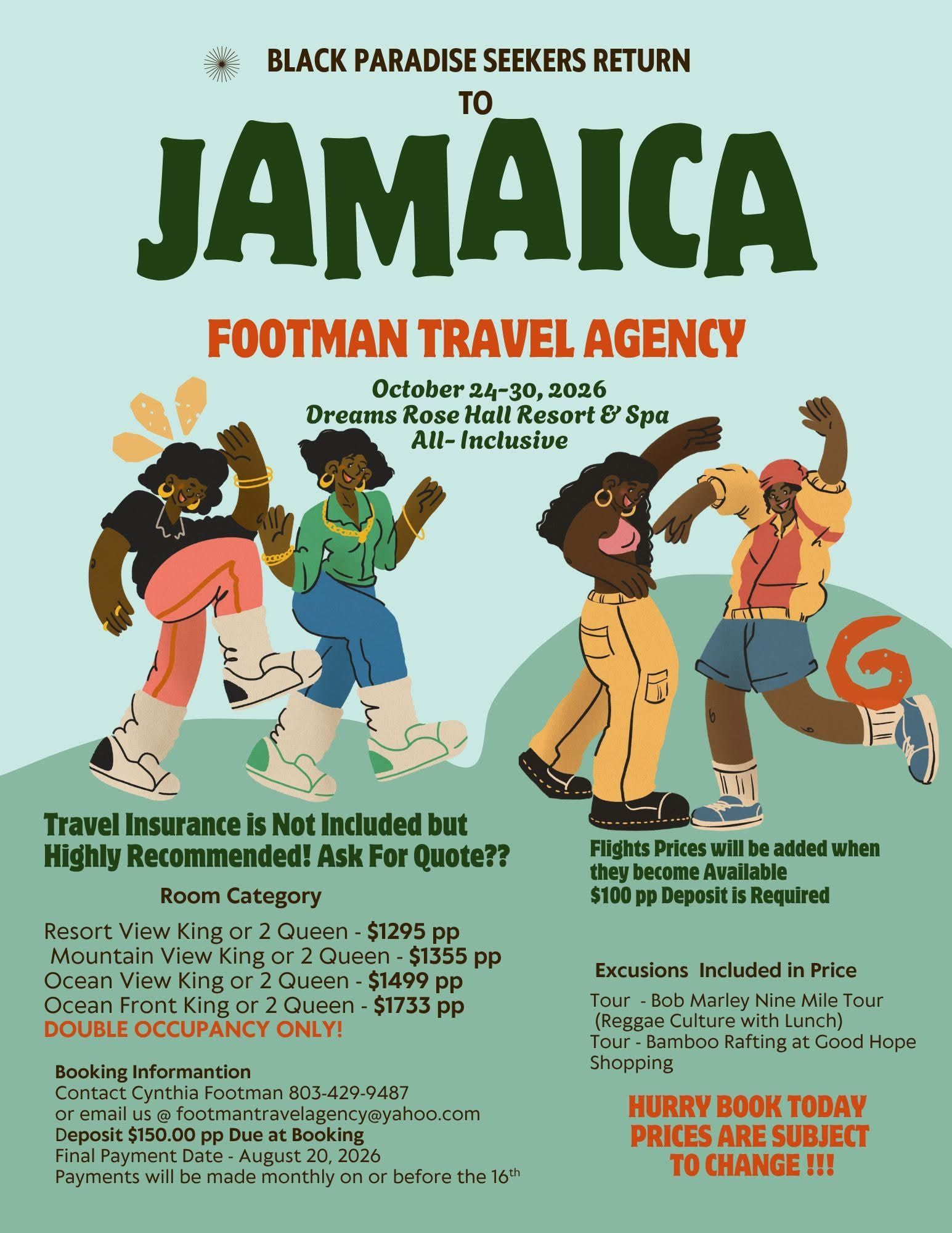 Flyer for a Footman Travel Agency Jamaica trip. Features illustrations of people dancing and details of resort packages.