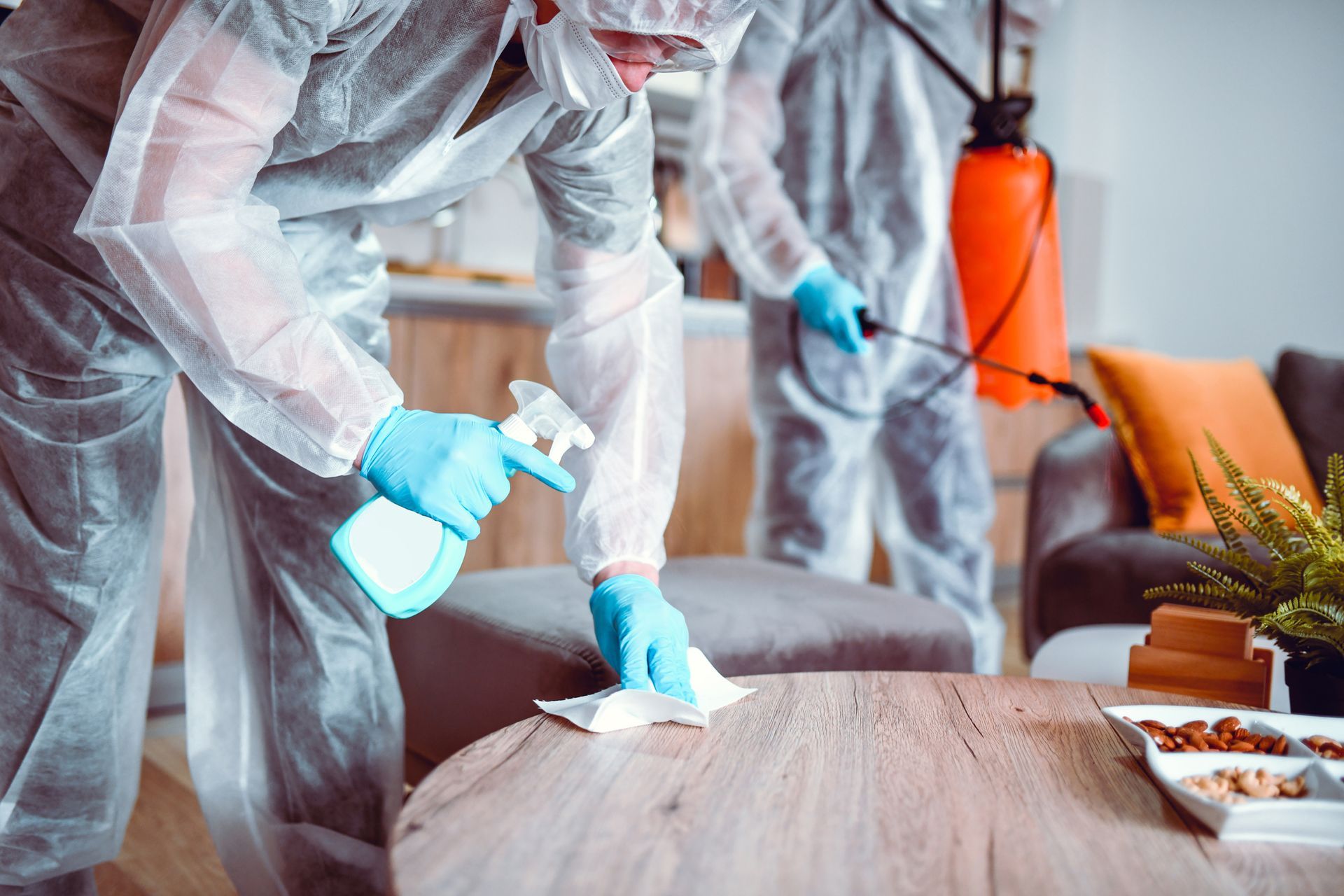 A Man In A Protective Suit Is Cleaning A Table In A Living Room - Hudson, OH - Carpet Pro