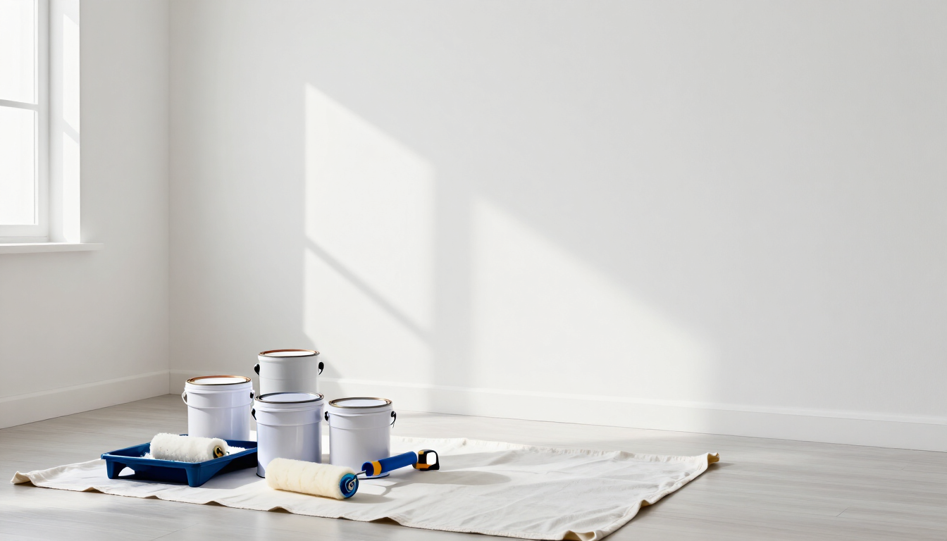 Gallon and quart paint cans with a roller and tray on a drop cloth in a bright, freshly painted whit