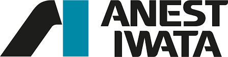 A black and blue logo for anest iwata on a white background coating equipment