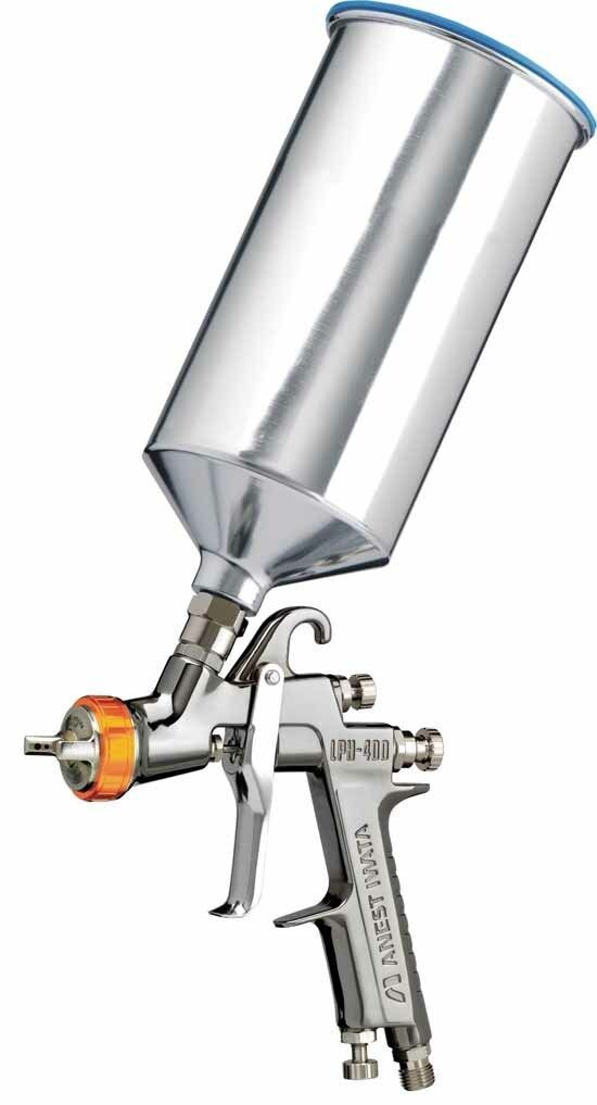 Stainless steel gravity feed HVLP spray gun with a large top-mounted paint cup, labeled 'Anest Iwata LPH-400'