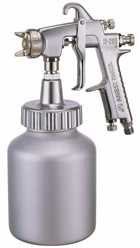 Stainless steel gravity feed HVLP spray gun with a large top-mounted paint cup, labeled 'Anest Iwata LPH-400'