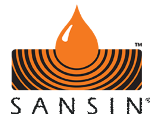 A sansin logo with an orange drop in the stain