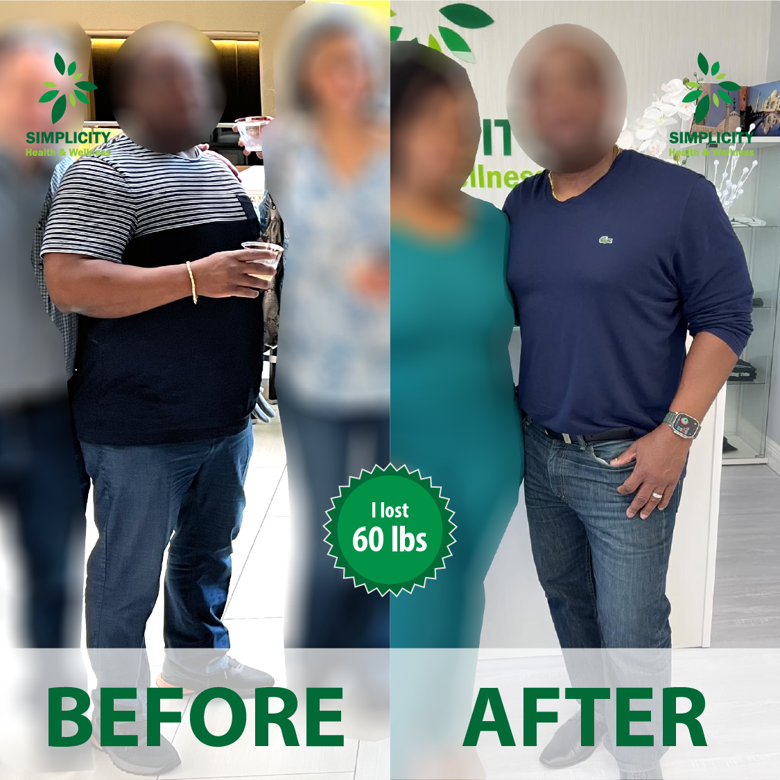 A before and after photo of a man who lost 60 lbs