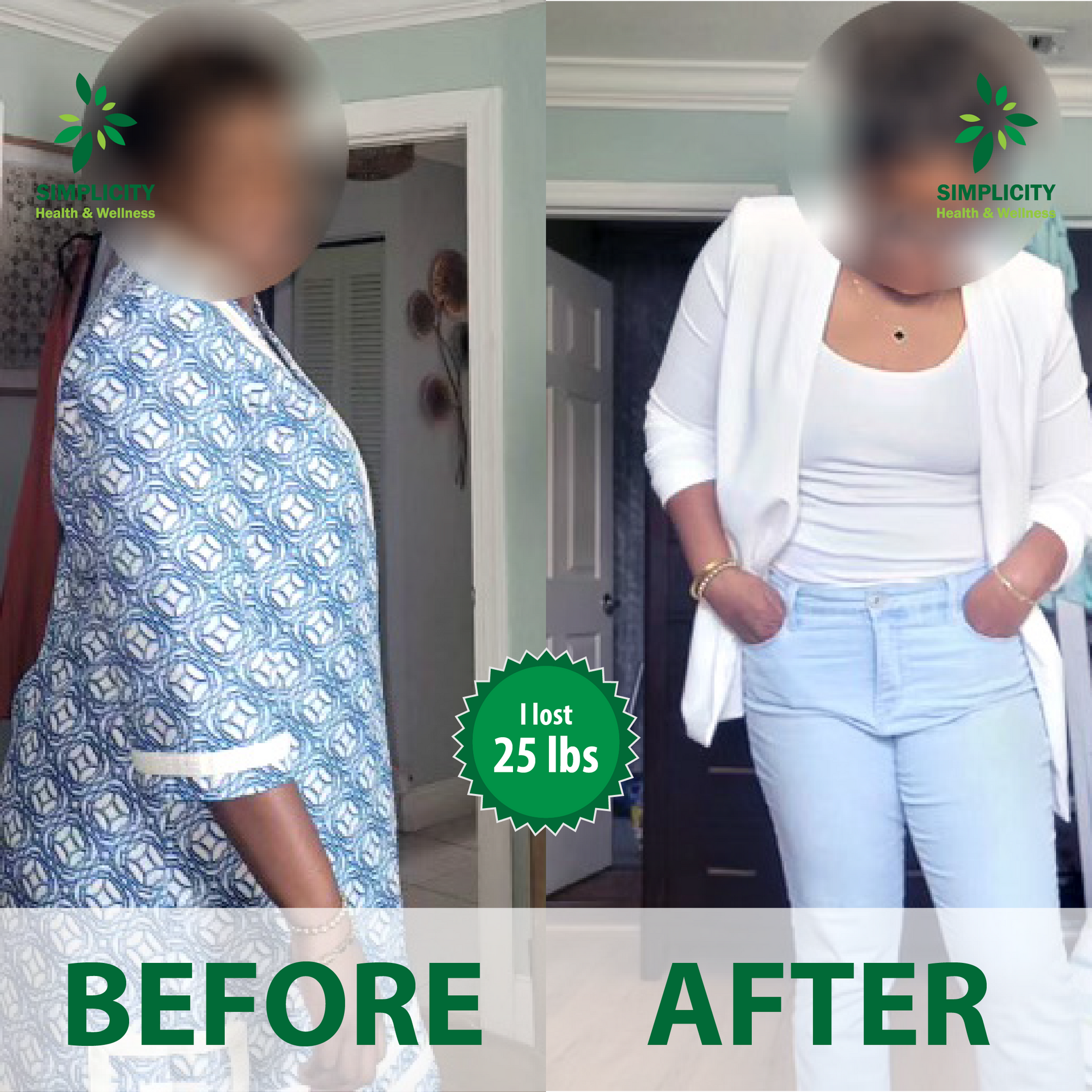 A before and after photo of a woman losing 25 lbs