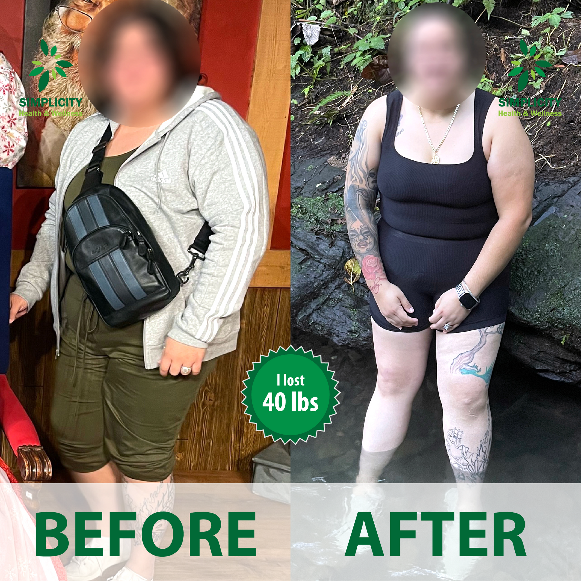 A before and after photo of a woman who lost 40 lbs