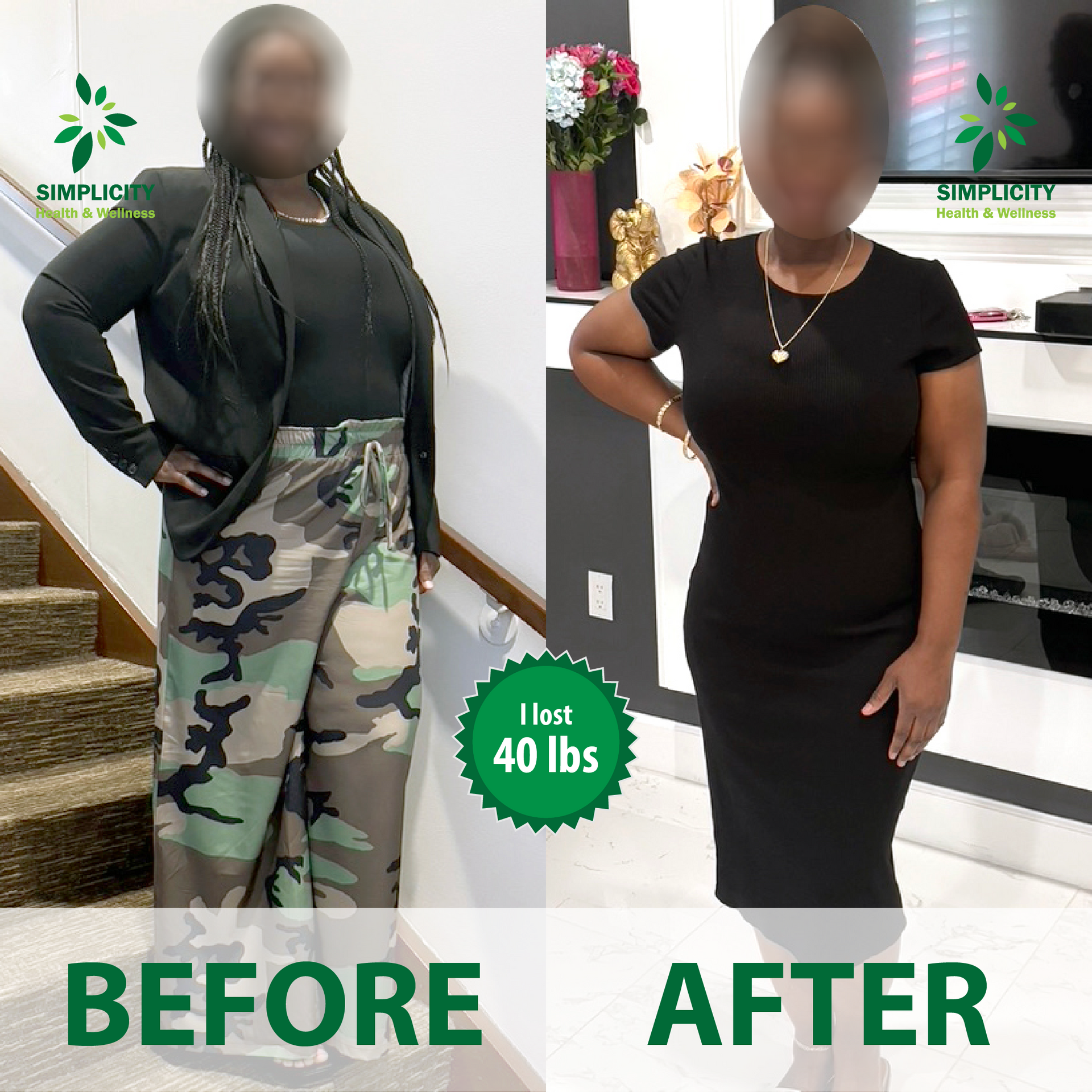 A woman is shown before and after losing 40 lbs
