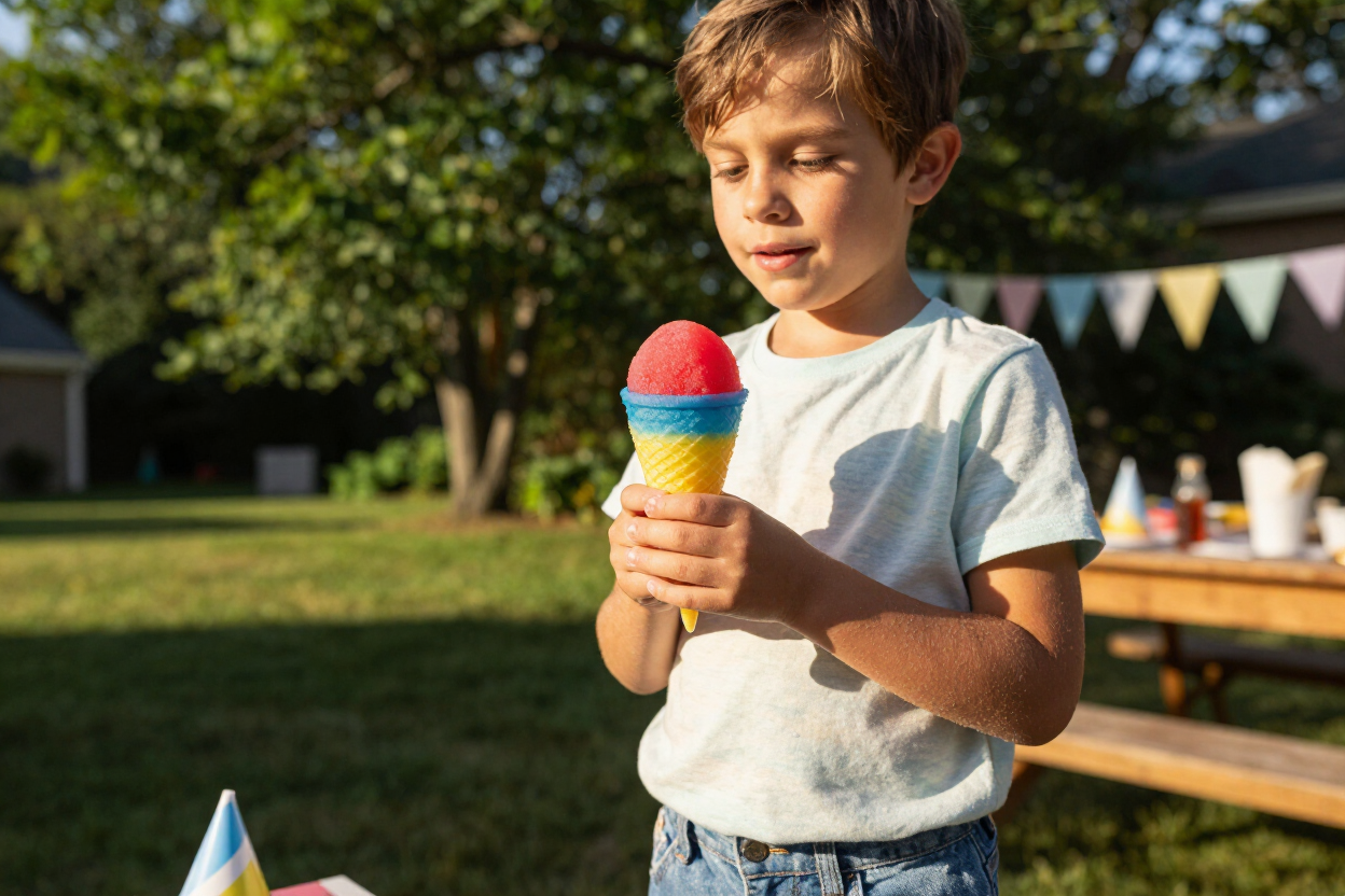 Child holding a rainbow-colored ice cream cone outdoors in a sunny park Child holding a rainbow-colored ice cream cone outdoors in a sunny park