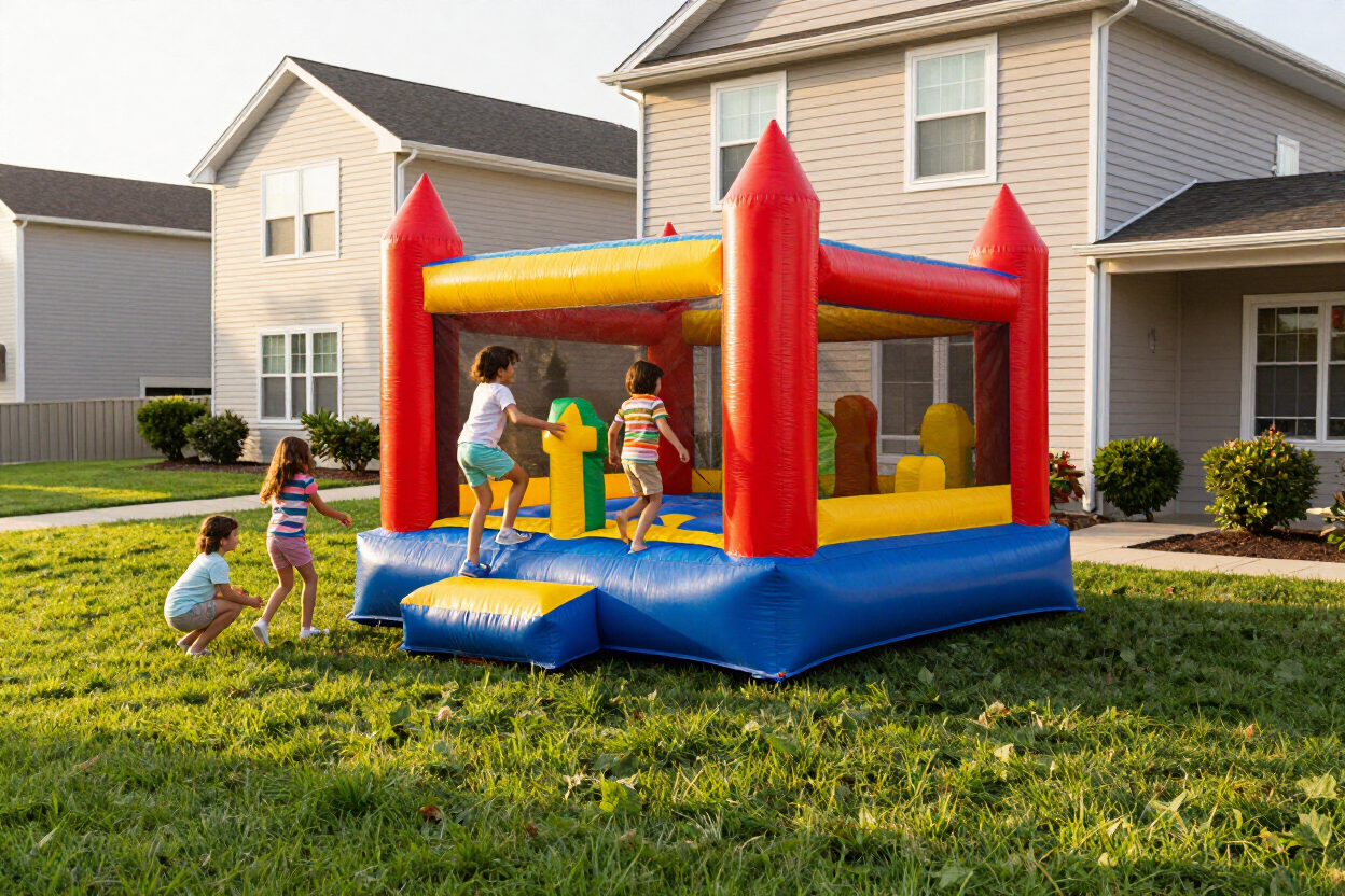 Children playing in a red and blue bounce house on a suburban lawn