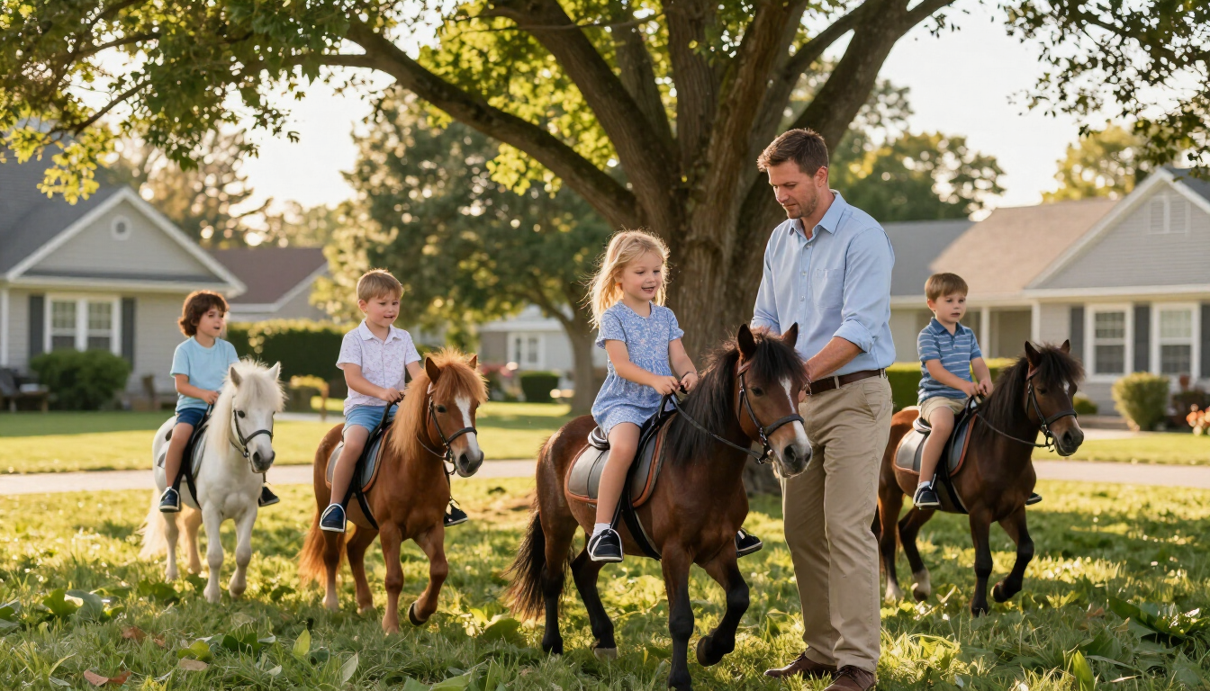 Family riding horses with an instructor in a sunny suburban yard