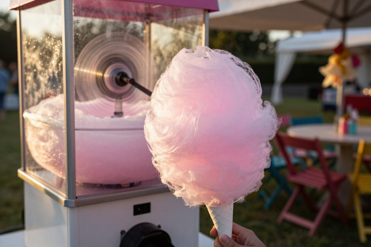 Cotton candy being spun in a pink cart at an outdoor fair