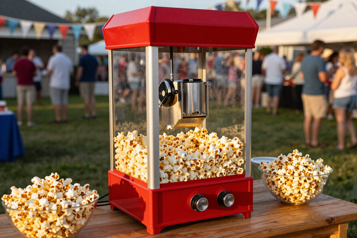 Red popcorn machine on a wooden table at an outdoor event, with bowls of popcorn nearby.