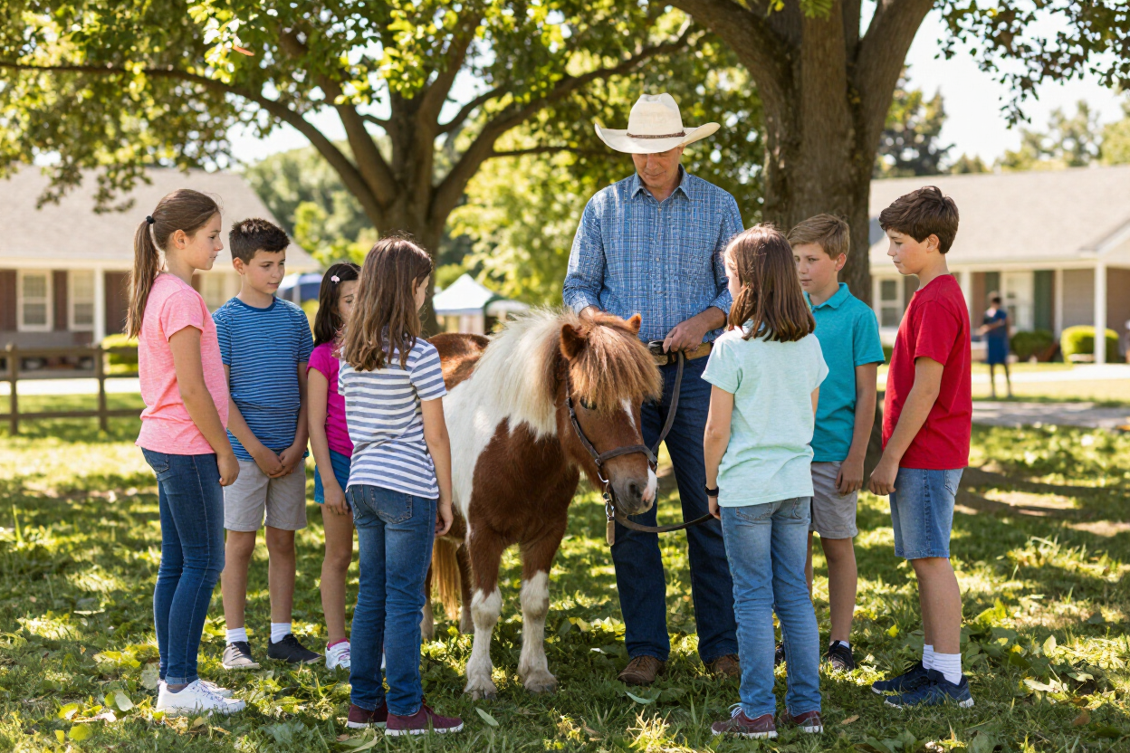 Children gather around a small brown pony with a man in a white hat under a tree at a park.