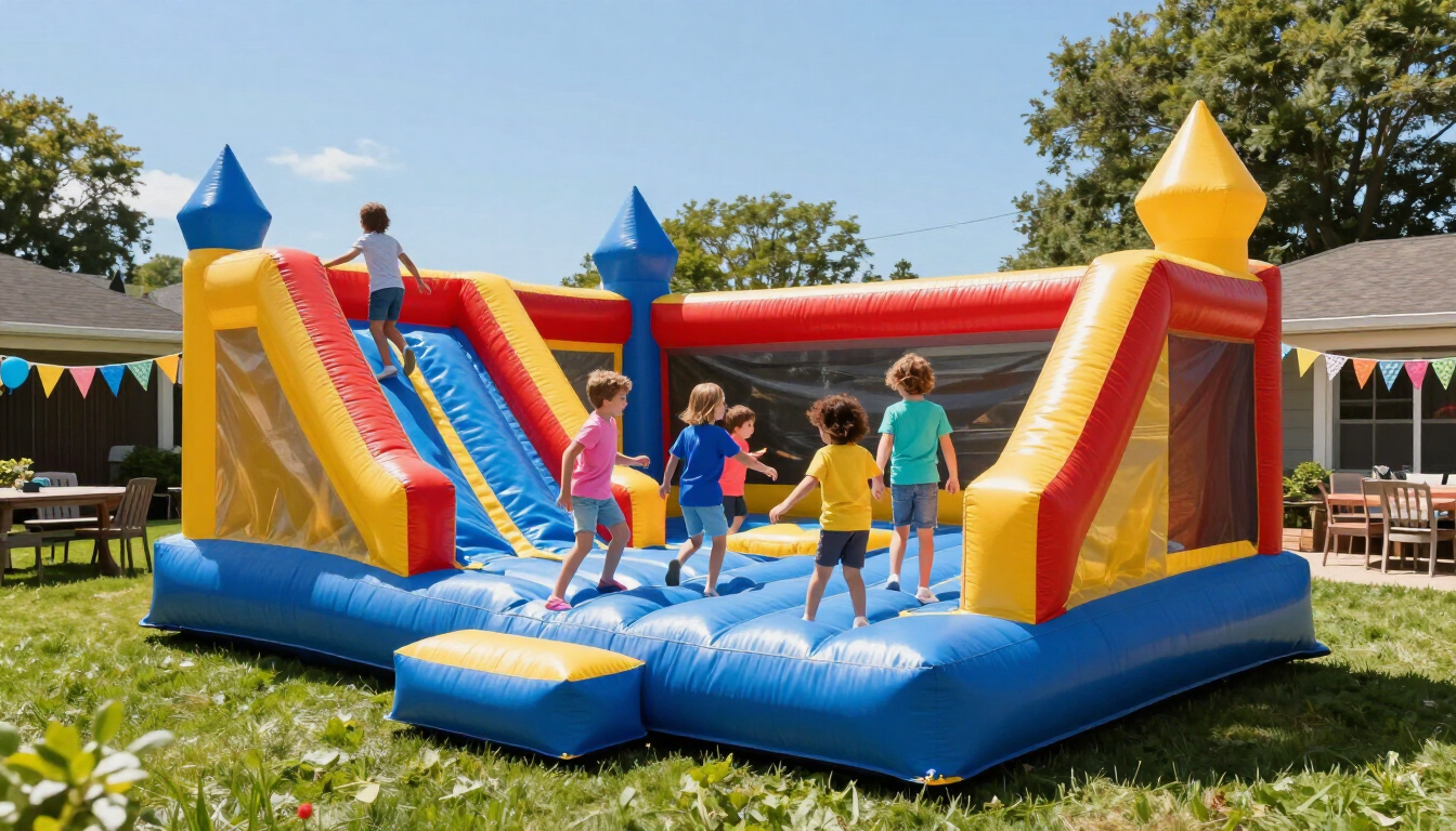 Children bouncing on a colorful inflatable slide in a sunny backyard party setting