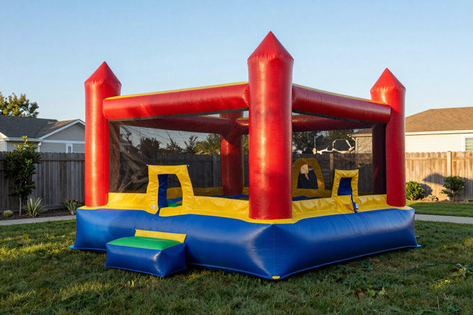 Red and blue inflatable bounce house with yellow windows on a grassy lawn in a backyard.