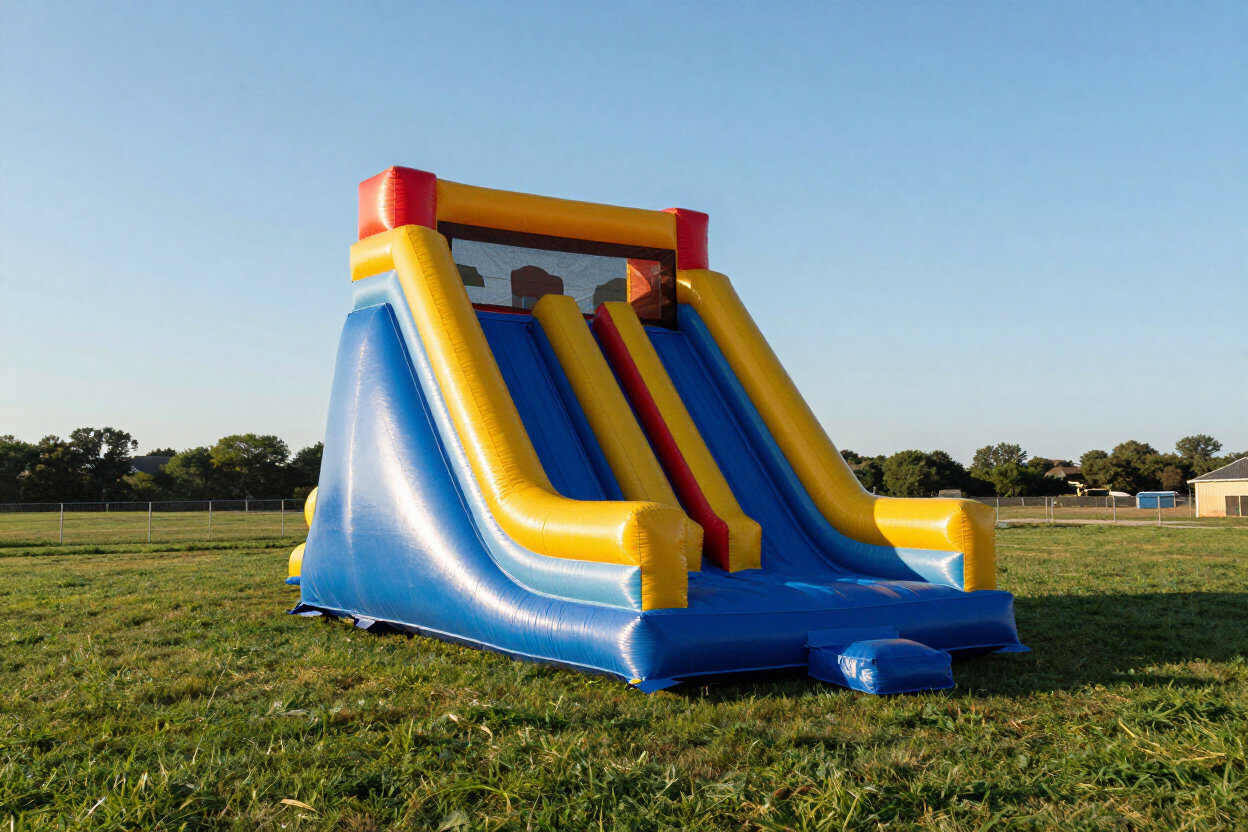 Blue and yellow inflatable slide on a grassy field under a clear sky