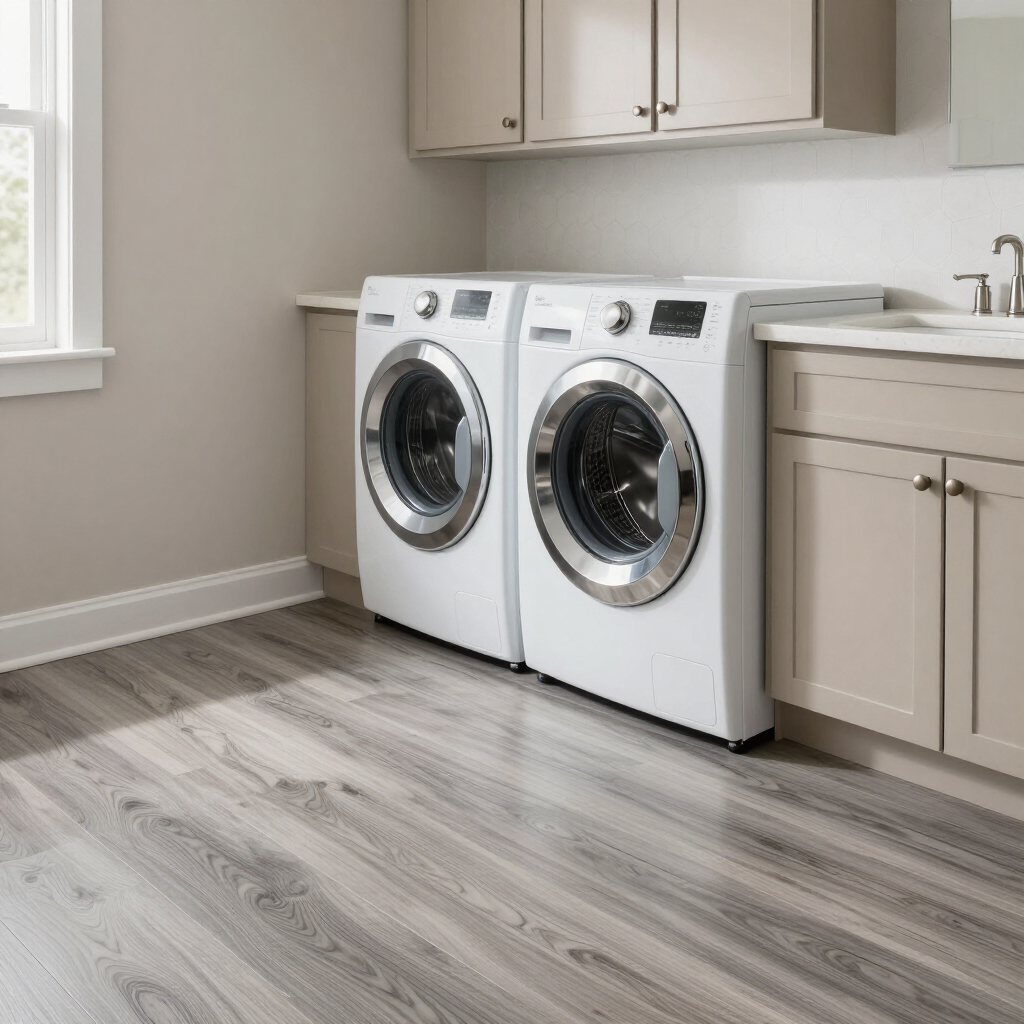 Front-loading washer and dryer in a bright laundry room with gray wood-look LVP flooring
