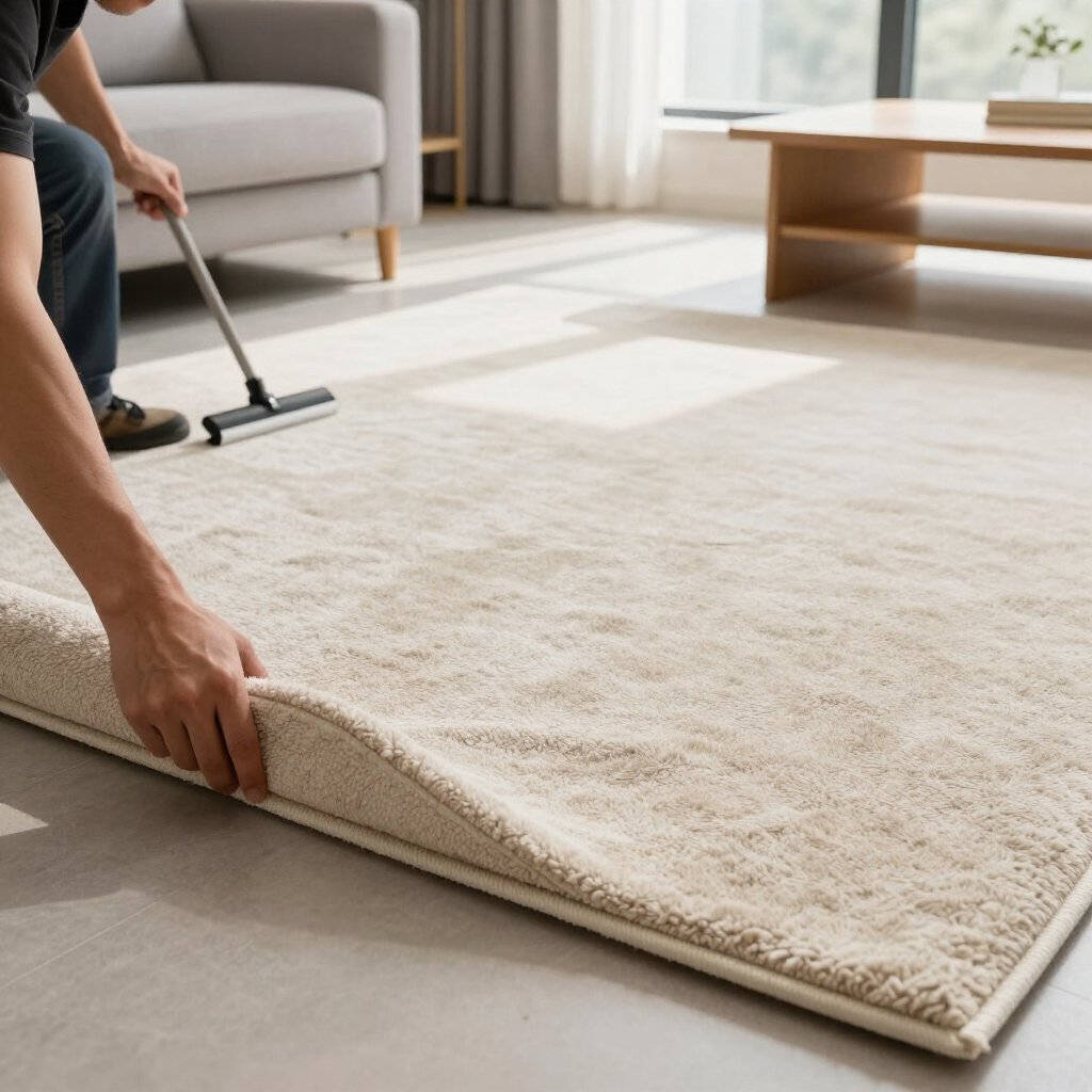 Person vacuuming a beige rug in a bright living room while lifting its edge