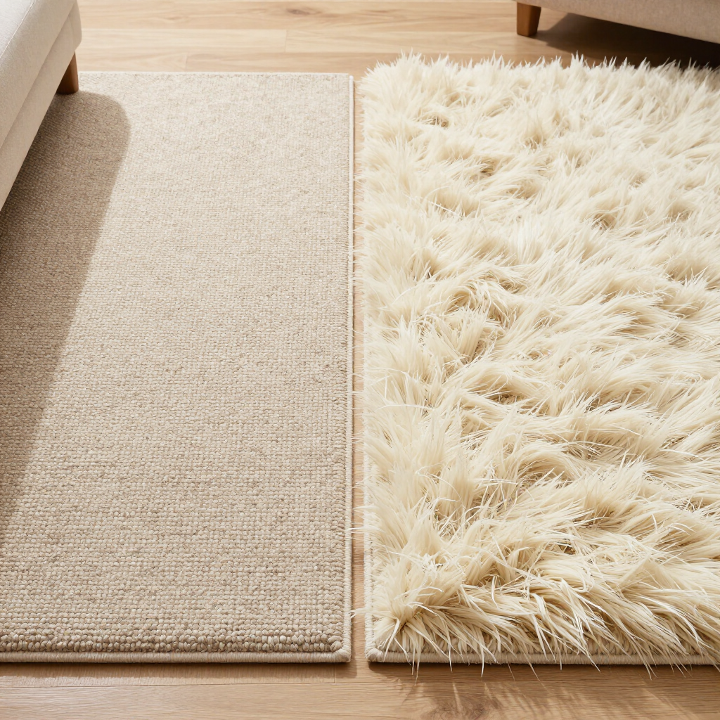 Two side-by-side beige rugs, one flat woven and one shaggy, on a light floor.