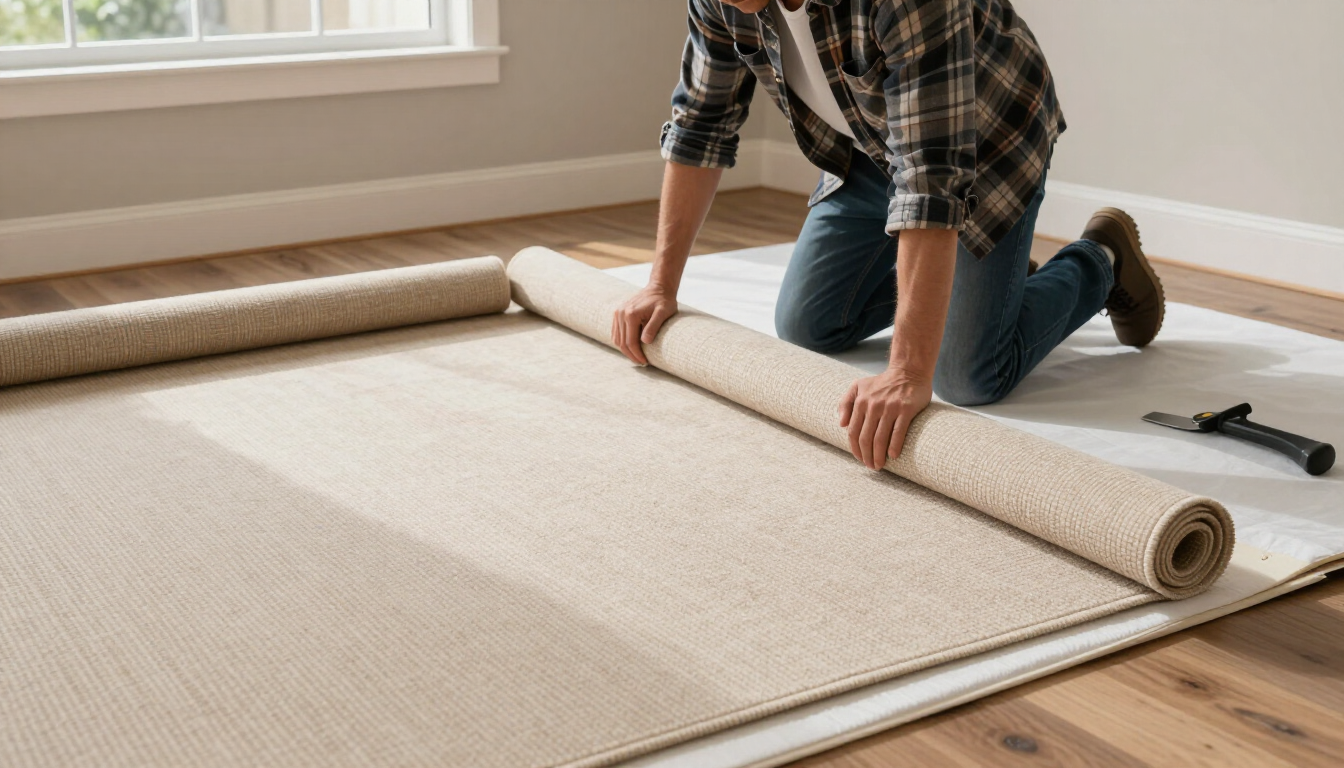 Person unrolling a beige carpet on a hardwood floor in a bright room