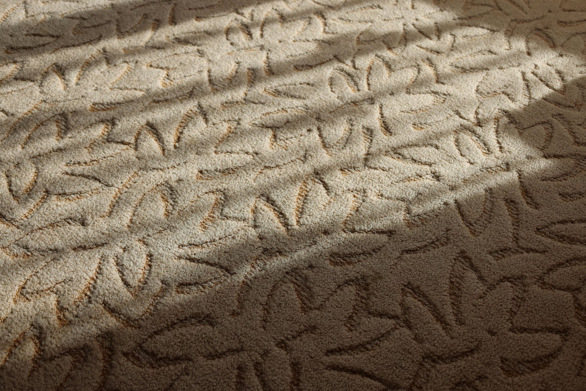 Sunlit beige patterned carpet with diagonal shadows across the surface