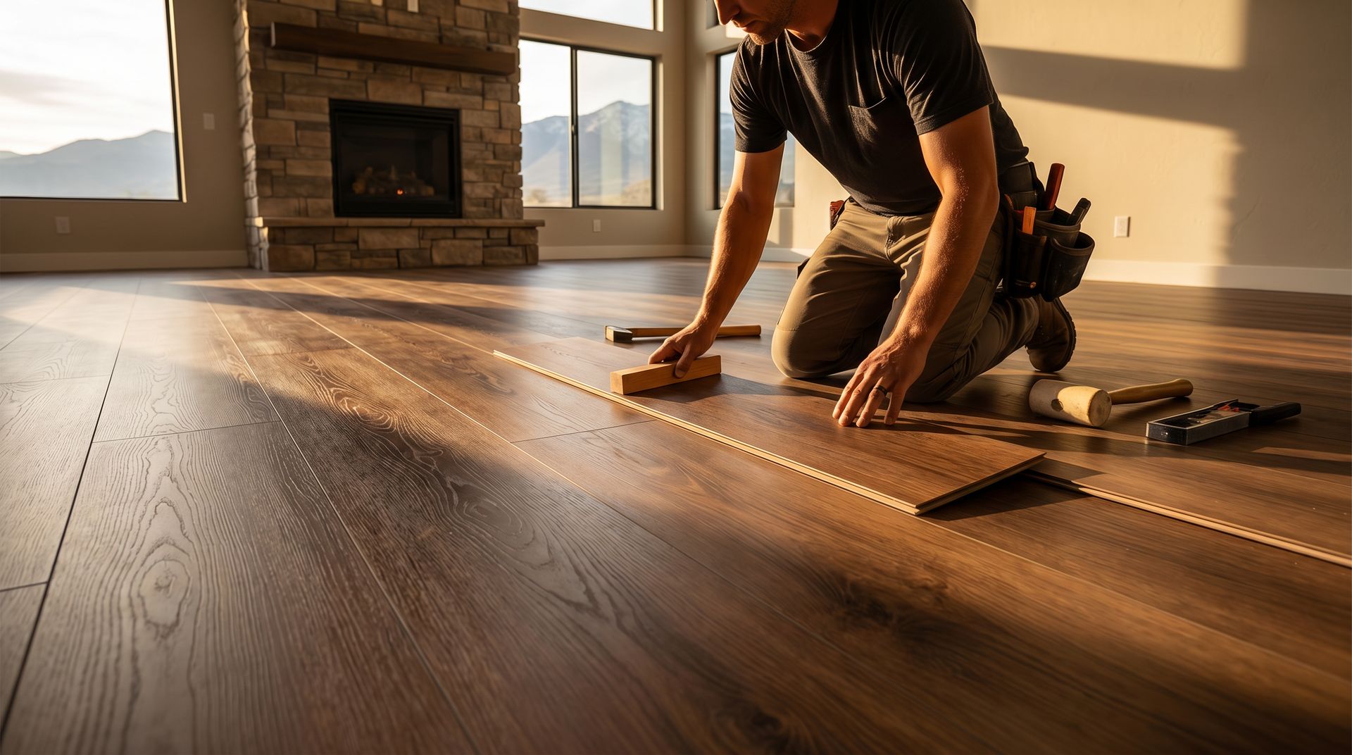Residential Flooring Solutions installer laying wood-look LVP flooring in a finished residential roo