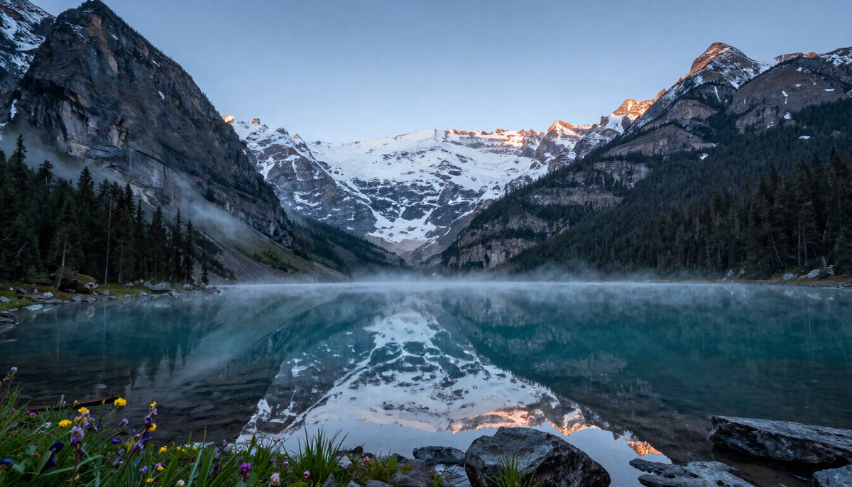 A turquoise alpine lake wrapped in morning mist