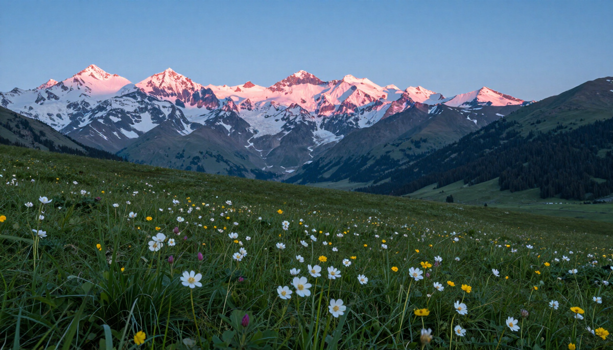 Snowy alpine peaks at sunrise above a flowering meadow