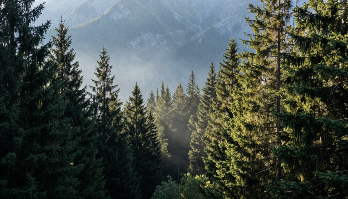 Sunbeams filtering through a misty alpine pine forest