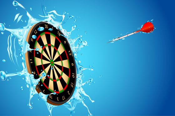 Dart piercing a dartboard, creating a splash of water against a blue background.