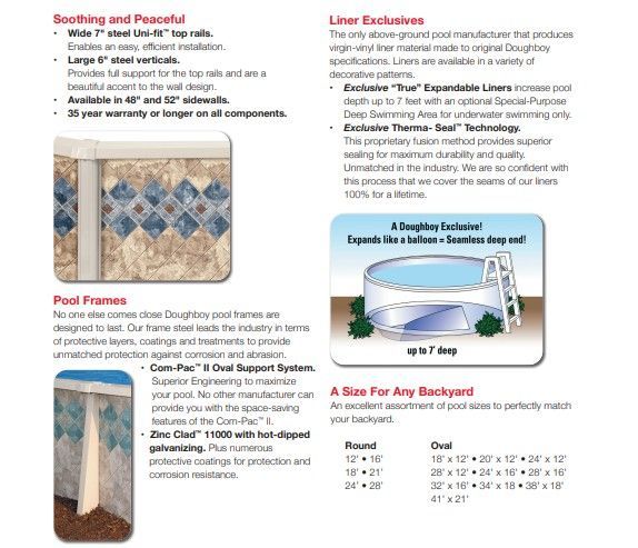 Brochure with pool details: features, liner types, and pool sizes.