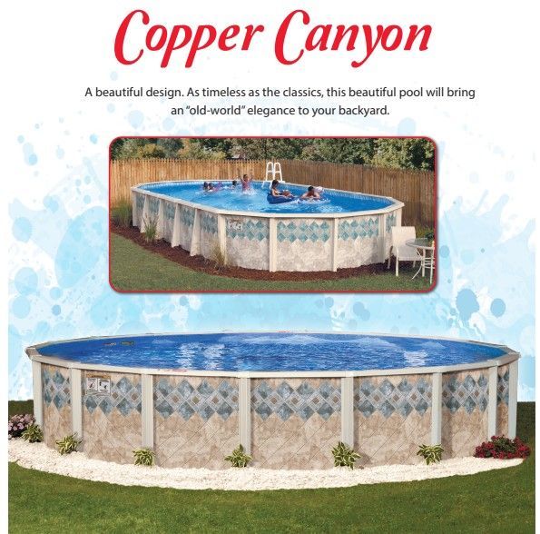 Copper Canyon above-ground pool. Oval pool with blue water and decorative wall pattern in backyard setting.