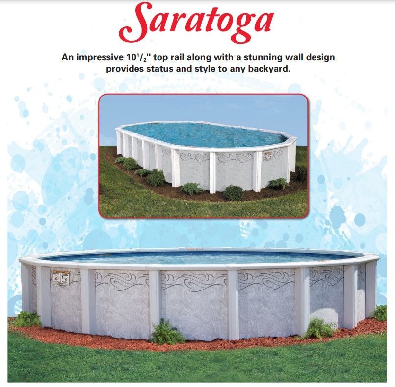 Saratoga above-ground pool ad showing oval and round pools. Gray wall design, blue water, green grass setting.