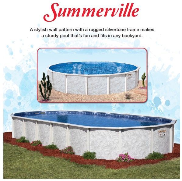 Summerville above-ground pool ad with a silver frame. Circular and oval pools in a yard with a blue cover.