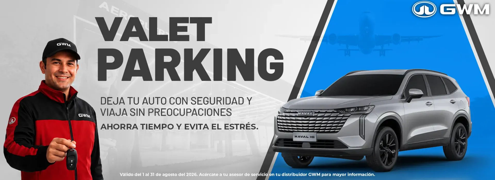 Banner promocional de servicio de aparcacoches con un empleado sonriente y un SUV gris sobre un fondo blanco y azul.