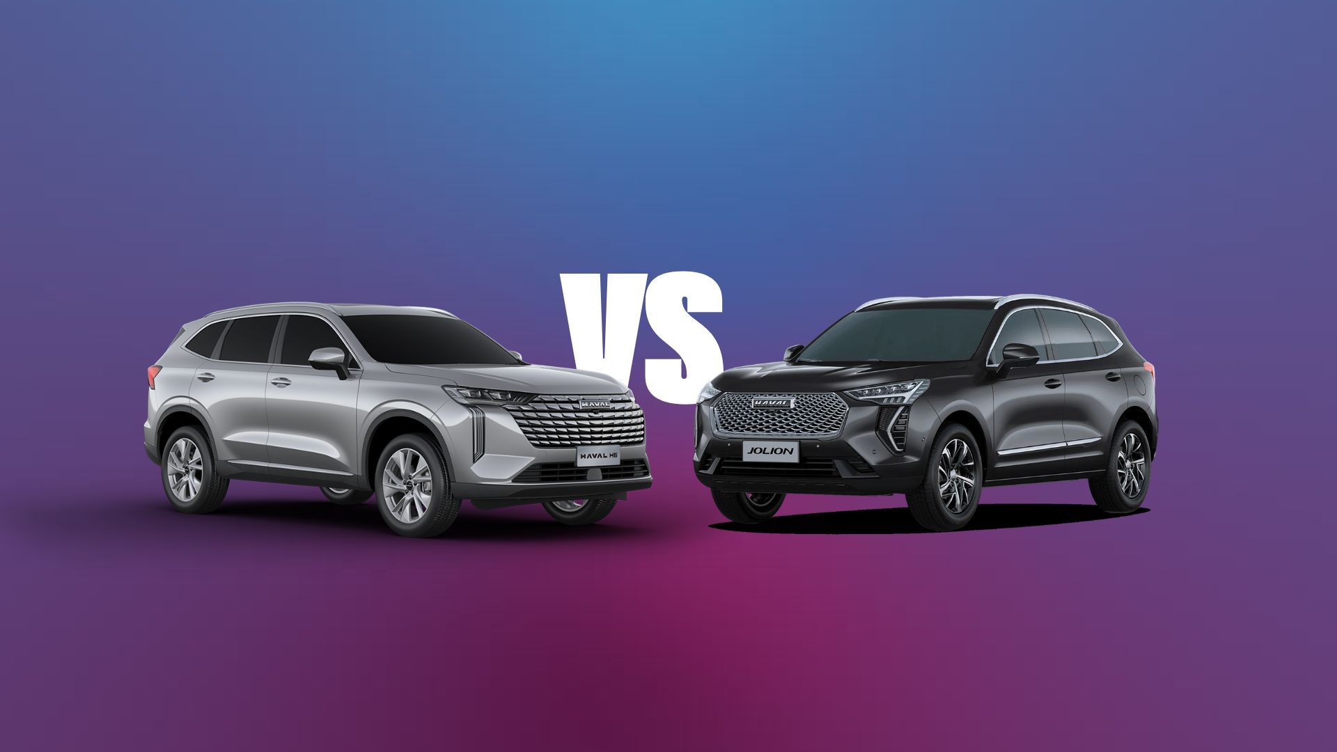 Un SUV plateado contra un SUV negro sobre un fondo degradado morado con las letras