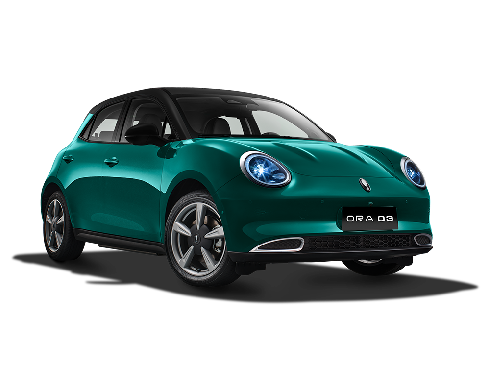 Teal compact hatchback car with black roof on a white background