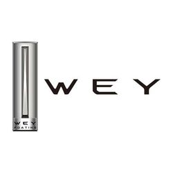 Tubo de cosméticos plateado de WEY Beauty junto al logotipo de WEY sobre un fondo blanco.
