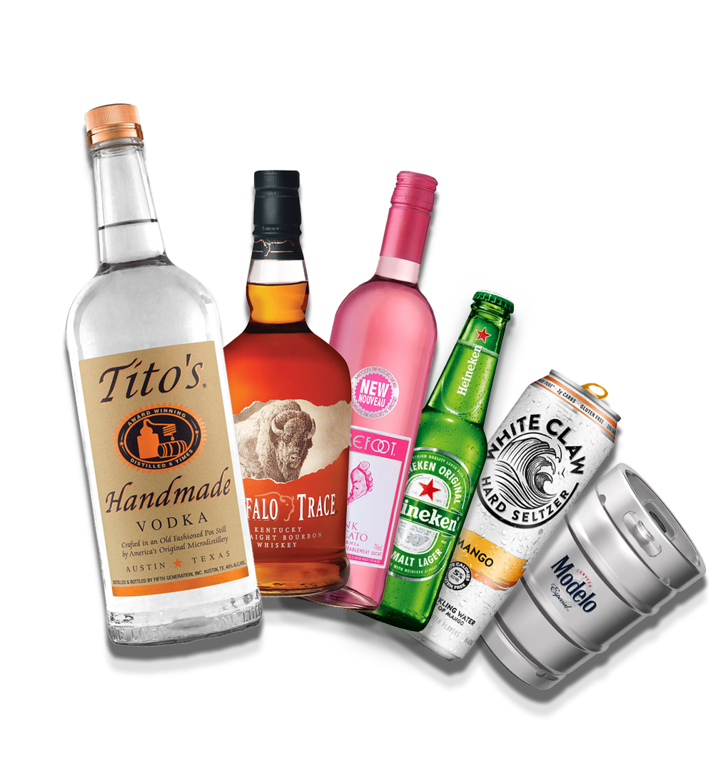 Assorted alcoholic beverages: vodka, bourbon, rosé wine, beer, hard seltzer, and a miniature keg.