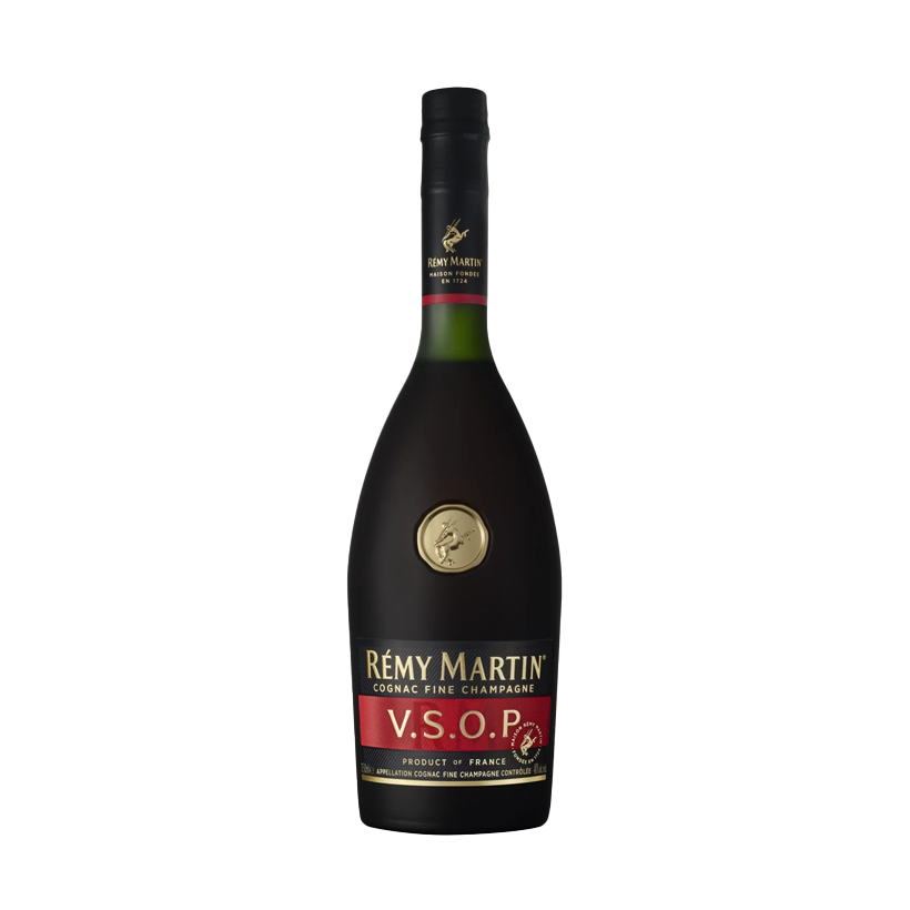 Bottle of Rémy Martin VSOP Cognac, dark glass, red and gold label.