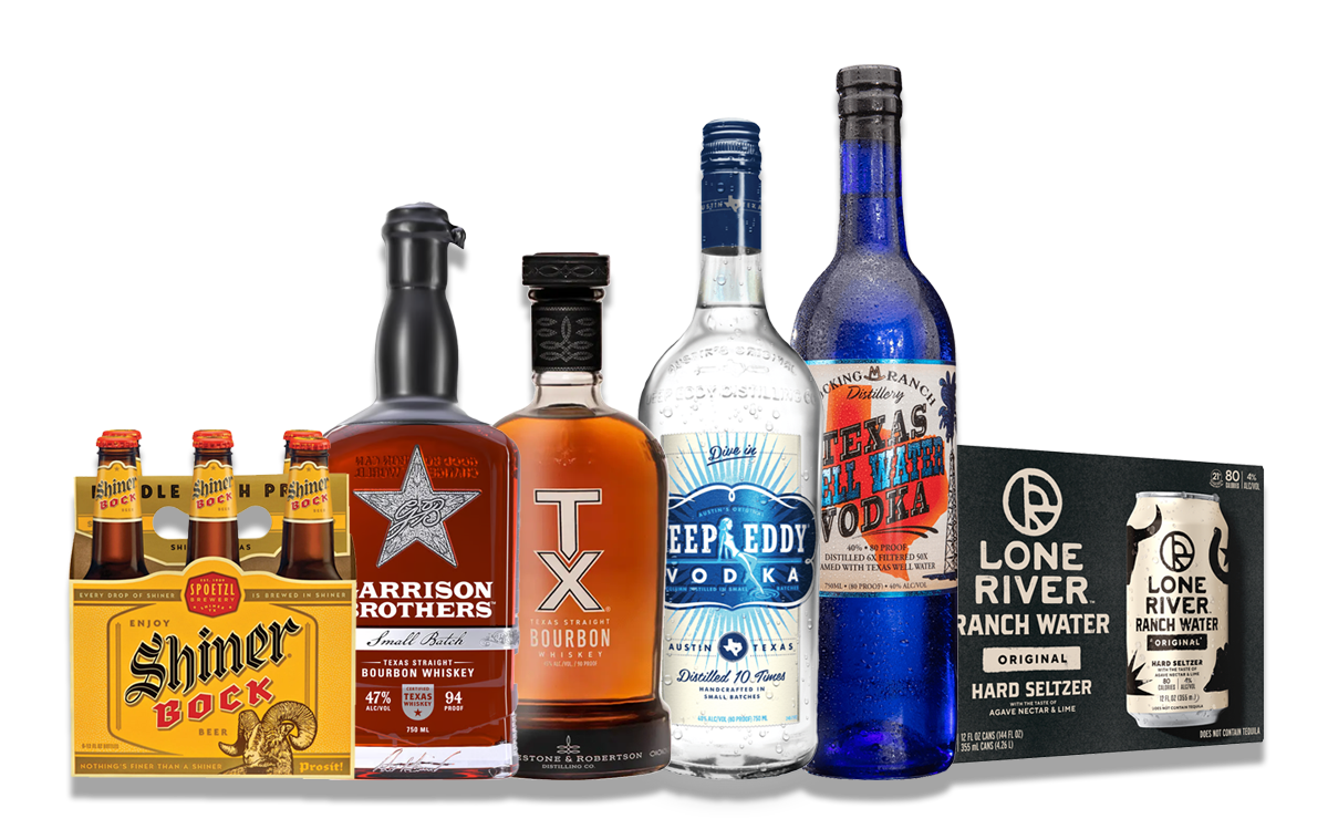 Assortment of alcoholic beverages including Shiner Bock beer, bourbon, vodka, and Lone River Ranch Water.
