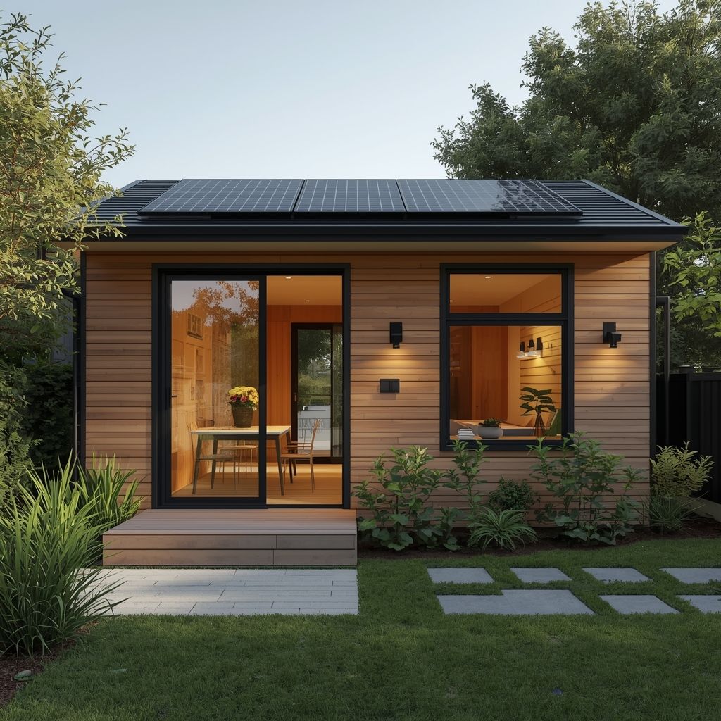 Modern ADU with wood siding, large windows, solar panels, and landscaped yard showcasing 2025 accessory dwelling unit design trends.