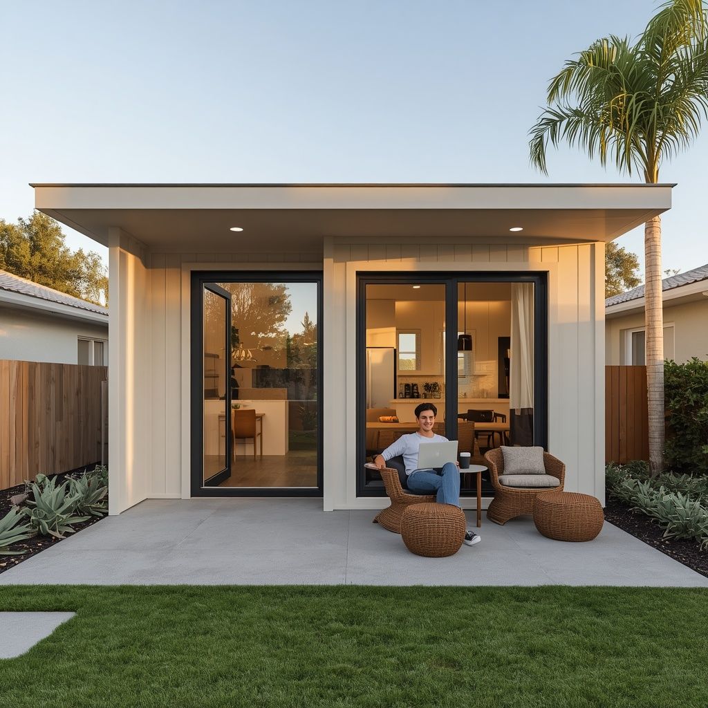 Modern detached ADU in a Florida backyard with a private patio, providing independent living space