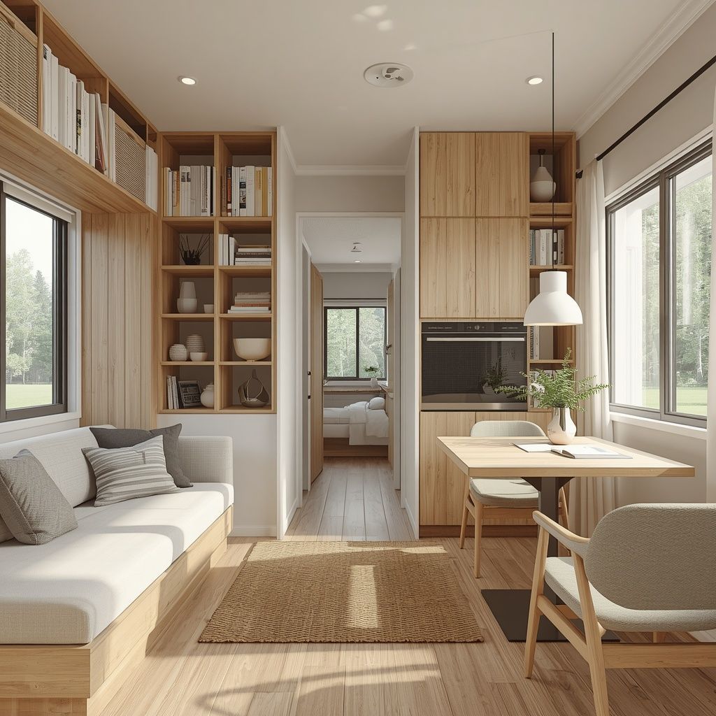 Small ADU interior with built-in wooden shelving, a compact sofa, and a space-saving dining area.