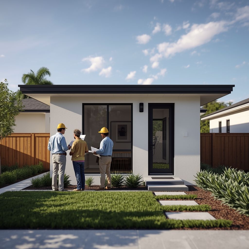 ADU construction team reviewing plans in front of newly built backyard accessory dwelling unit 