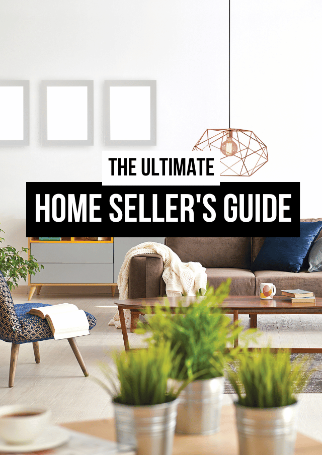 Home staging living room with text: “The Ultimate Home Seller’s Guide”
