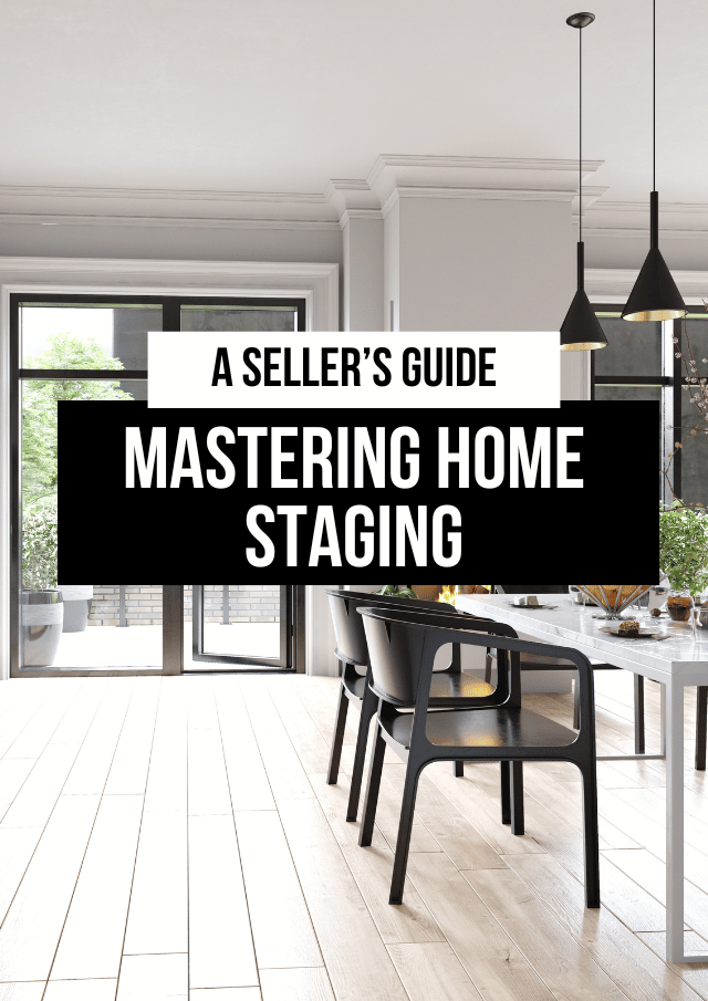 Cover of “A Seller’s Guide: Mastering Home Staging” over a bright modern kitchen and dining room
