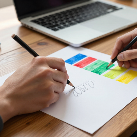 Hands sketching on paper beside a laptop with colorful charts on a wooden desk